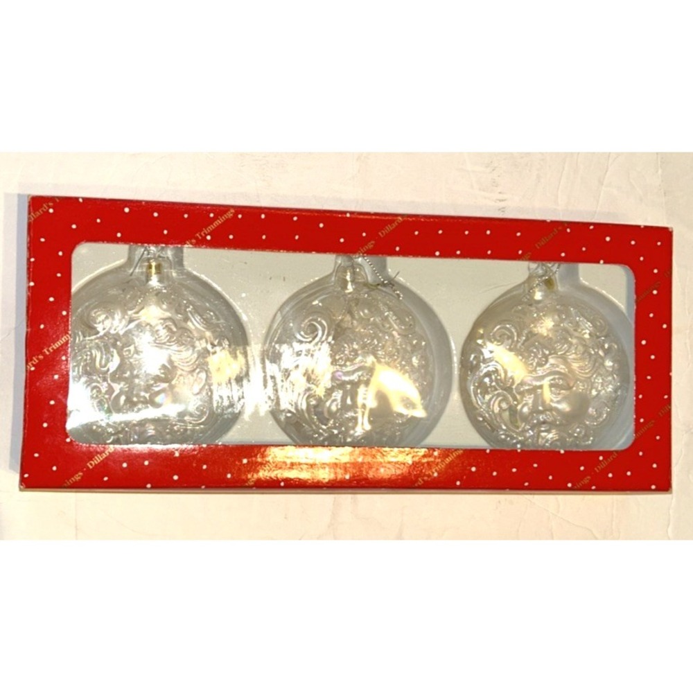 Vintage Dillard's Santa‎ Glass Ornament Christmas Glitter Clear Set Of 3